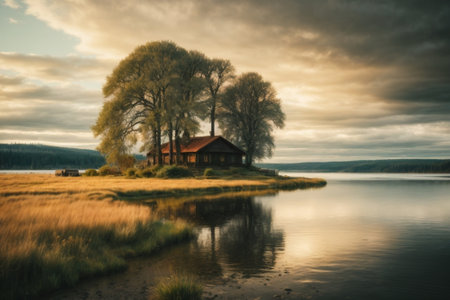 Old house on the shore of a lake at sunset, Finland.の素材