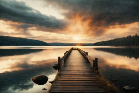 Wooden pier on the lake. Dramatic sunset over the lake.の素材