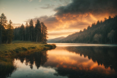 Sunset over a lake in the Altai Mountains, Russia.の素材