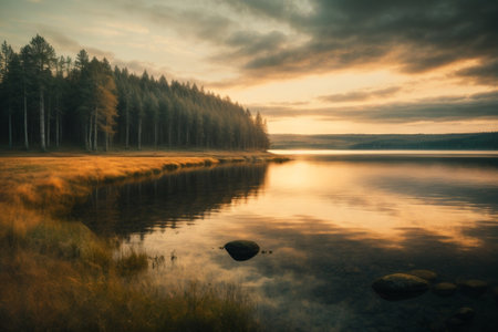 Beautiful autumn landscape. Sunset over the lake. Long exposure.の素材