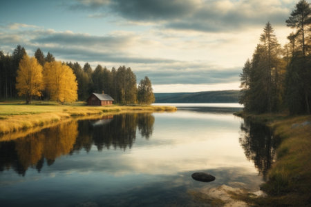 Beautiful autumn landscape with lake, forest and old wooden house.の素材