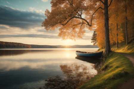 Beautiful autumn landscape with a boat on the lake at sunset.