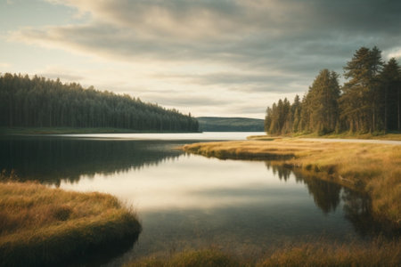 Landscape with lake and forest at sunrise in Finland. Toned.の素材