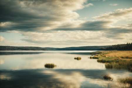 Beautiful autumn landscape with lake and clouds reflected in water. Long exposure.の素材