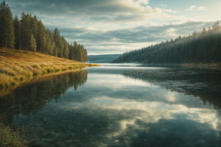 Autumn landscape with a lake in the forest. Long exposure.の素材