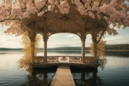 Cherry blossoms on the lake with a gazeboの素材