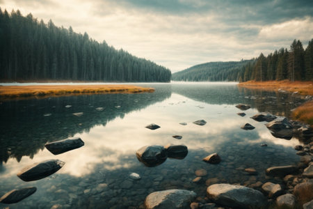 Mountain lake with reflection of trees in water. Autumn landscape.の素材
