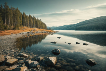 Beautiful mountain lake in the autumn forest. Long exposure photo.の素材