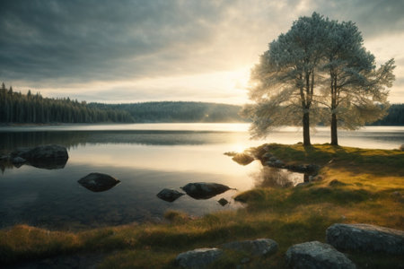 Beautiful winter landscape with lonely tree on the shore of lake.の素材