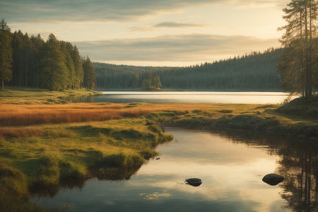Mountain lake in the forest at sunset. Beautiful summer landscape.の素材