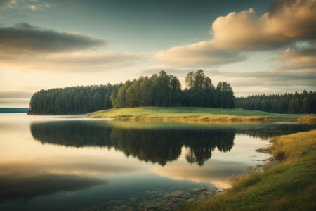 Beautiful summer landscape with lake, forest and sky. Vintage style.の素材