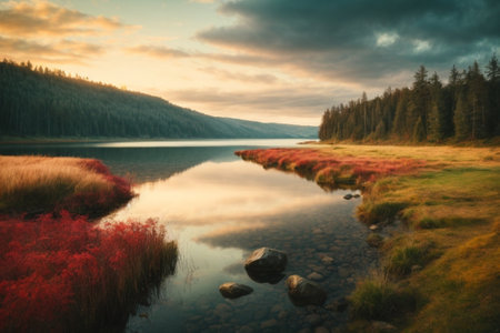 Beautiful autumn landscape with lake and forest. Colorful autumn landscape.の素材