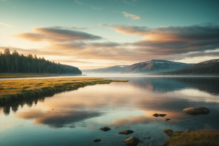Mountain lake with reflection in the water. Dramatic landscape.の素材