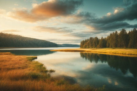 Landscape with lake and forest at sunset. Long exposure shot.の素材