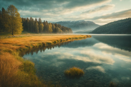 Misty morning on the lake. Colorful autumn landscape with misty lake and forest.の素材