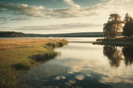 Beautiful summer landscape with river, forest and sky. Toned.の素材