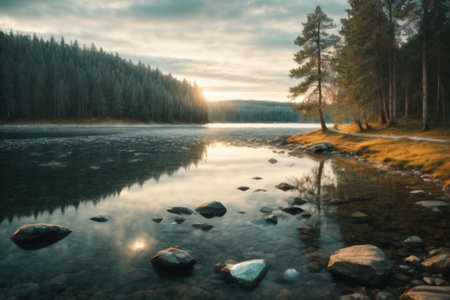 Sunset over the river in the taiga. Long exposure.の素材