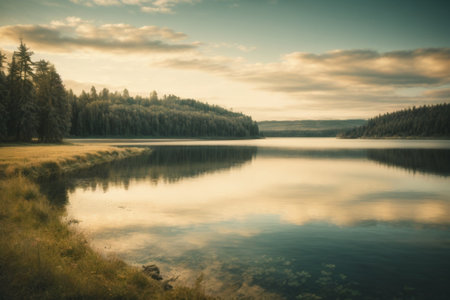 Mountain lake in the mountains at sunset. Long exposure photo.の素材