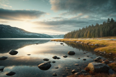 Mountain lake at sunset. Dramatic overcast sky. Beauty world.の素材