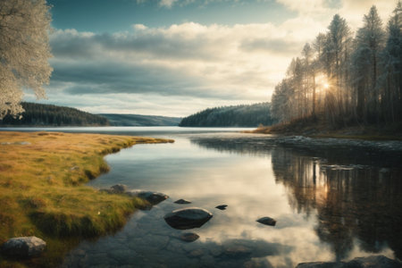 Beautiful winter landscape with lake and trees in Finland. Filtered image processed vintage effect.の素材