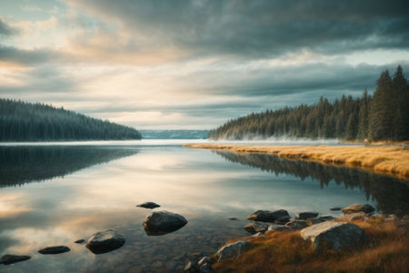 Beautiful lake in the mountains. Early morning. Karelia, Russiaの素材