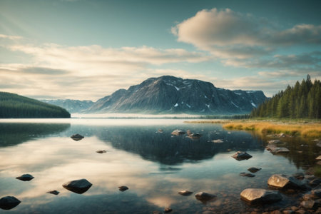 Beautiful mountains reflected in a lake in Glacier National Park, Montana.の素材
