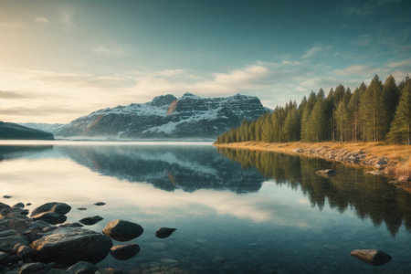 Mountain lake with reflection in the water. Beautiful winter landscape.の素材