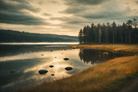 Beautiful autumn landscape with lake, forest and cloudy sky. Long exposureの素材