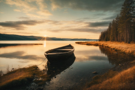 Boat on the shore of a lake at sunset, Finland.の素材
