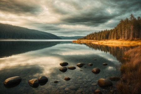 Autumn landscape with lake, forest and cloudy sky. Long exposure.の素材