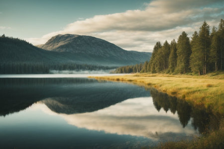Beautiful autumn landscape with mountain lake and reflection in water - retro vintage effectの素材