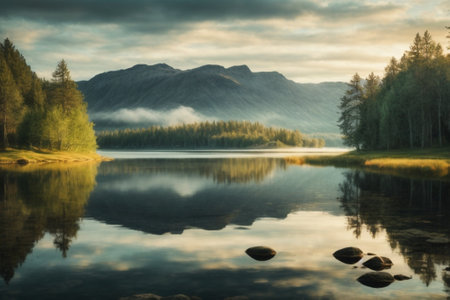 Mountain lake in the morning mist. Beautiful summer landscape. Long exposure.の素材