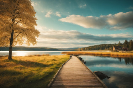 Beautiful autumn landscape. Wooden pier on the lake. Long exposure.の素材