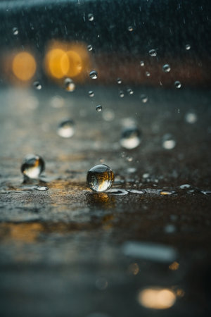 Raindrops on the wet asphalt with bokeh lights background.の素材
