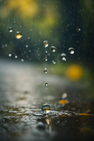 Raindrops falling on the water surface with bokeh background.の素材
