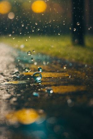 Raindrops on the asphalt in the park. Shallow depth of field.の素材