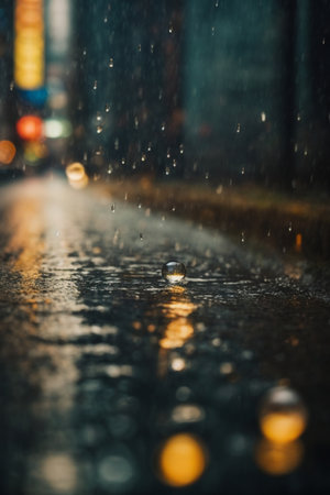 Rain drops on the street. Raindrops on the road. Rainy day.の素材