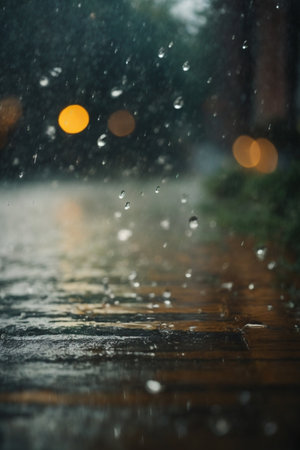 Rainy day in the city, raindrops on the wet asphaltの素材