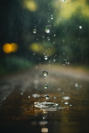 Raindrops on the road in the rain. Shallow depth of field.の素材