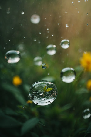 Raindrops on the grass with sunflowers in the background.の素材
