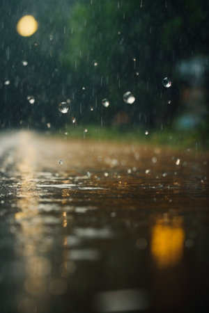 Raindrops falling on the wet asphalt in the rain. Shallow depth of fieldの素材