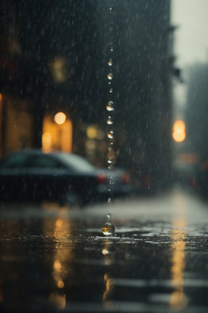 Raindrops on the street in the city. Rainy day.の素材