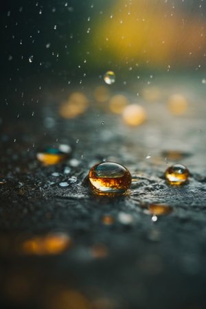 Water drops on wet asphalt surface with raindrops and blurred background.の素材
