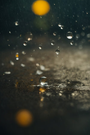 Raindrops falling on wet asphalt. Selective focus. Shallow depth of field.の素材