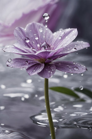 Beautiful purple flower with water drops on gray background, closeupの素材