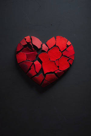 Broken red heart on black background. Flat lay, top viewの素材