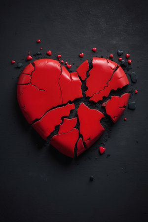 Broken heart on a black background.の素材
