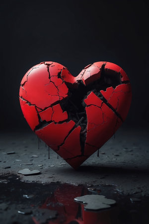 Broken red heart on black background. Love and broken heart concept.の素材