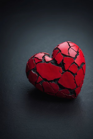Broken red heart on black background. Valentines day concept.の素材