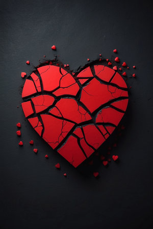 Broken red heart on black background. Valentines day concept.の素材